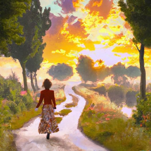 Woman walking down country path amidst beautiful landscape toward a brilliant sunrise. Represents our journey through grief back to the Light.